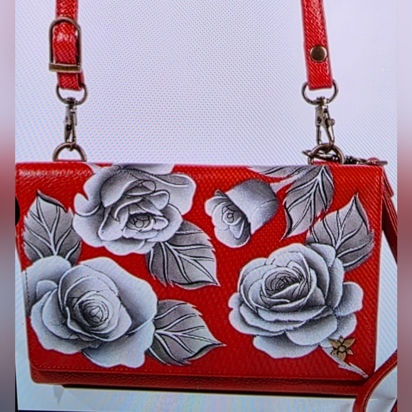 Anna By  Anuschka Hand painted leather Four in one crossbody Color Red